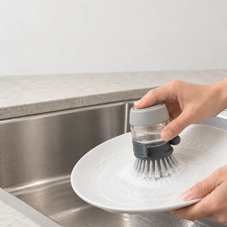 A hand pressing the brush's top button while scrubbing a white plate at the sink.