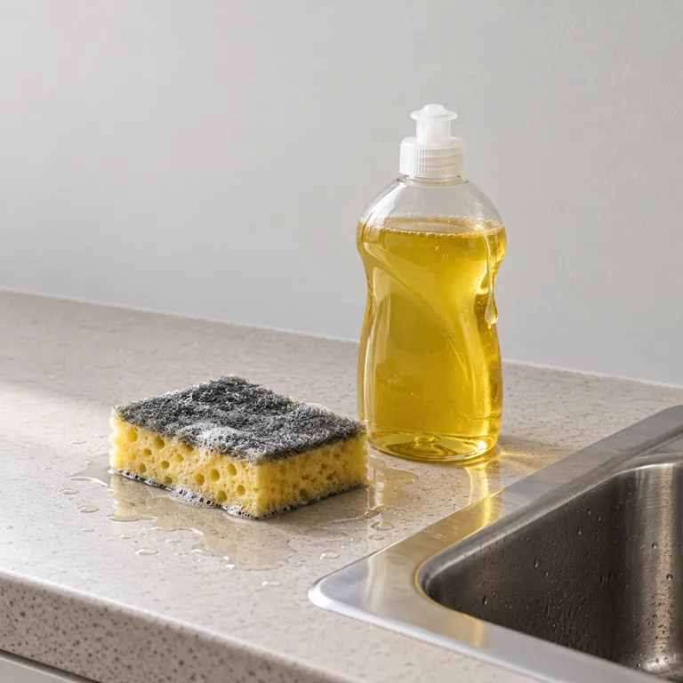 Sink ledge with a soggy sponge in a puddle beside a dripping soap bottle.