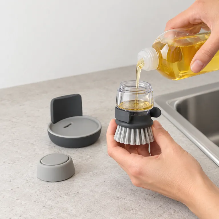Two hands pouring washing-up liquid into the clear reservoir of the grey brush beside the sink.