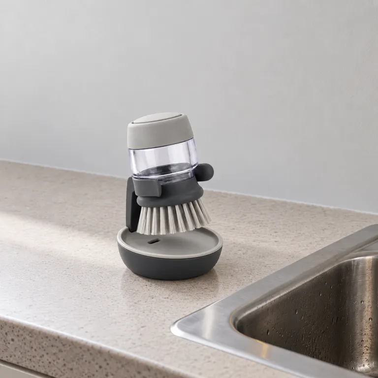 The same sink ledge, with the soap-dispensing brush on its stand.