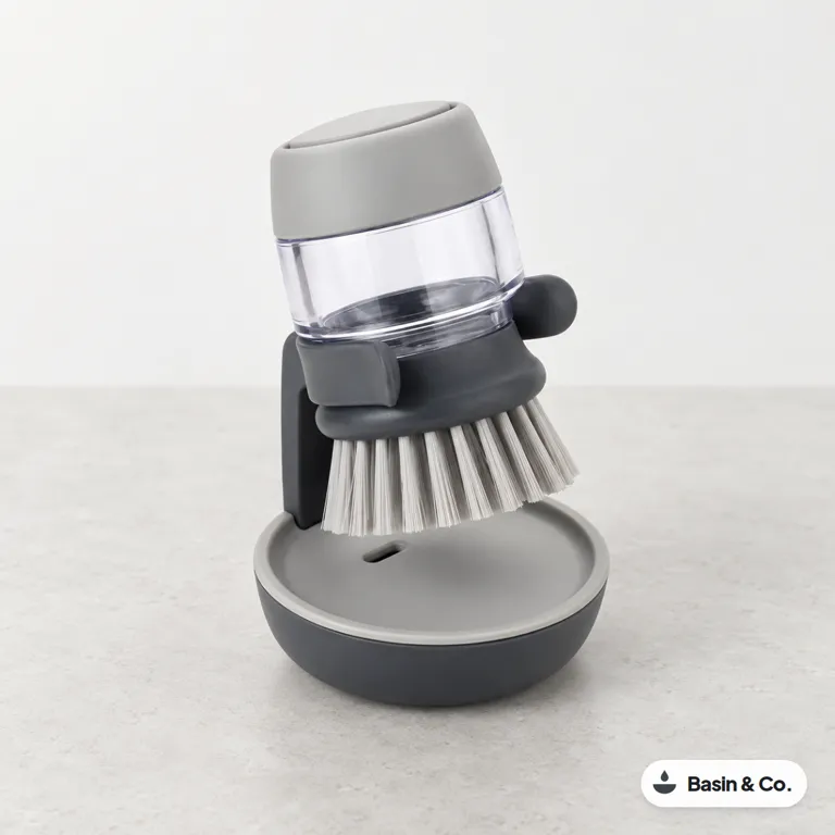 Grey soap-dispensing palm brush with a clear soap reservoir standing on its charcoal drip-dry stand.