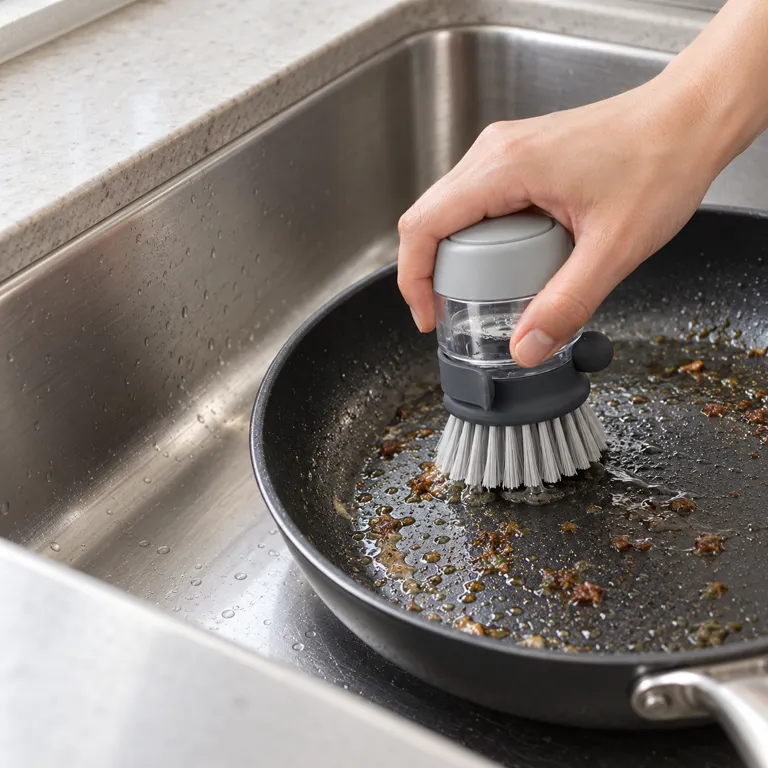 A hand scrubbing a dark frying pan in a steel sink with the grey soap-dispensing brush, a small patch of food residue ahead of the bristles.