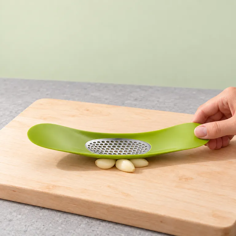 One hand sets the green crusher over three peeled garlic cloves on a birch board.