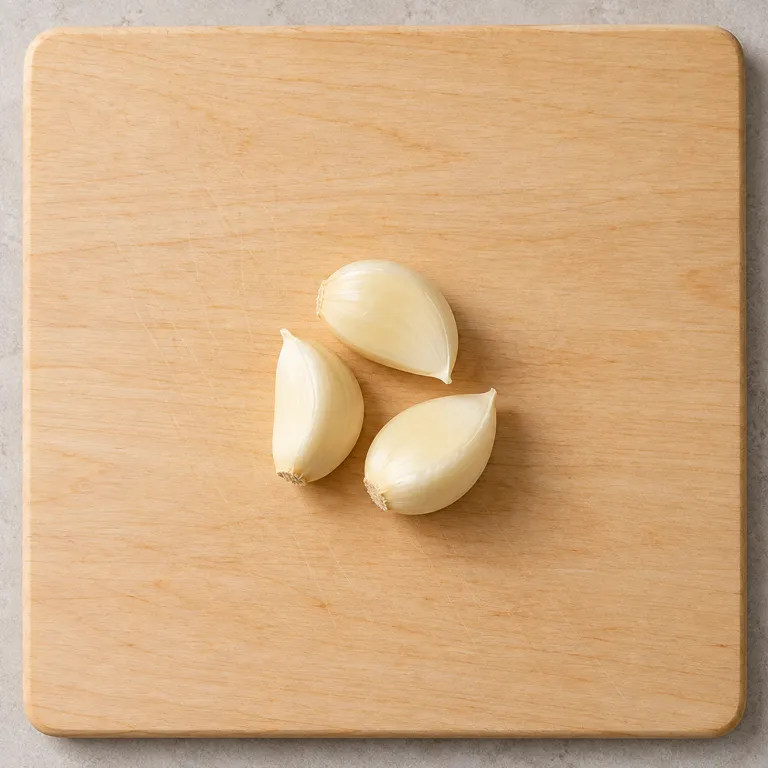 Three whole peeled garlic cloves at the centre of a birch cutting board.