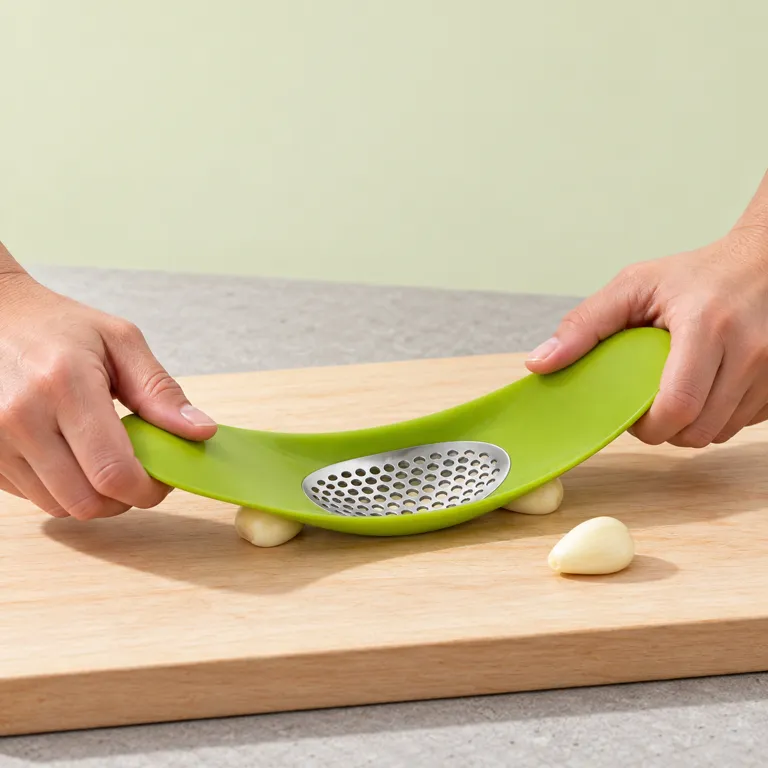 Both palms press the green crusher down over peeled cloves on the board, ready to rock it back and forth.