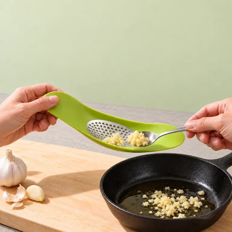 Crushed garlic scooped with a teaspoon from the green crusher's bowl into a black skillet.