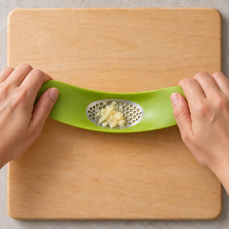 The green crusher on the same birch board, hands on its ends, with crushed garlic gathered in its bowl.