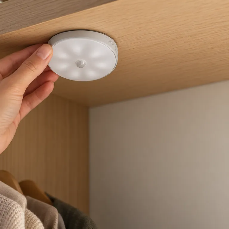 A hand setting the round white puck light onto the metal plate under a wardrobe shelf.