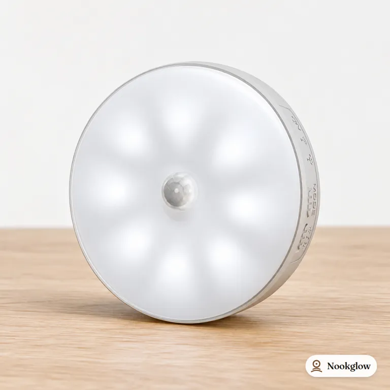 A single round white motion-sensor puck light with a centre sensor dome, standing on a light oak board against a pale grey background.