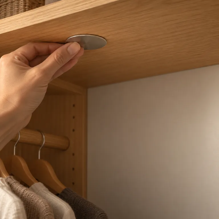 A hand pressing a thin metal mounting plate onto the underside of a wardrobe shelf.