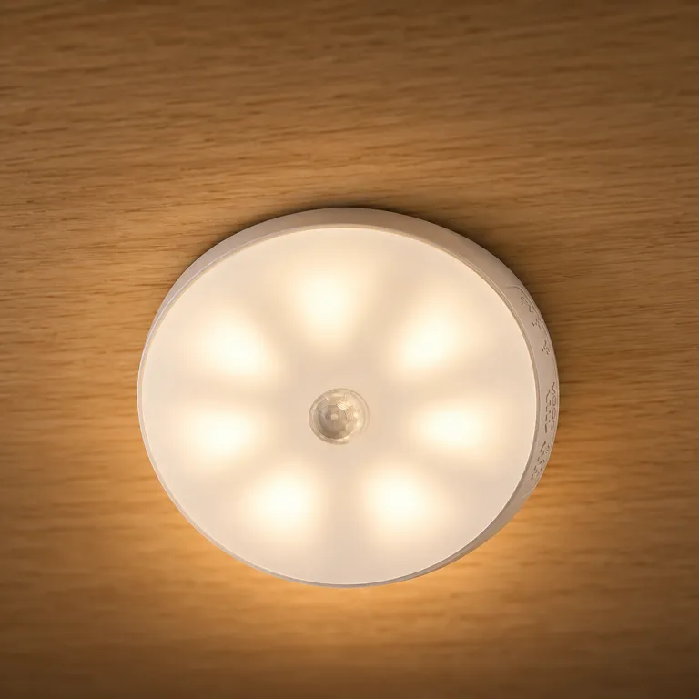 Close-up of the glowing white puck face showing eight soft LED zones around a small clear motion sensor in the centre.