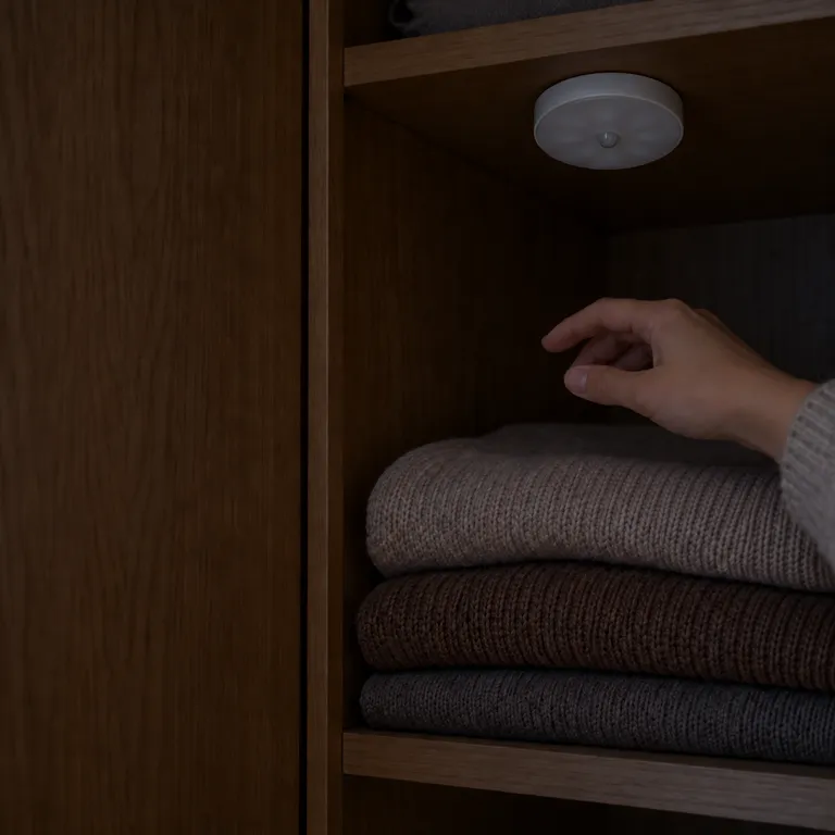 A hand reaches into a dark wardrobe toward folded sweaters, under a white puck light mounted beneath the shelf above.