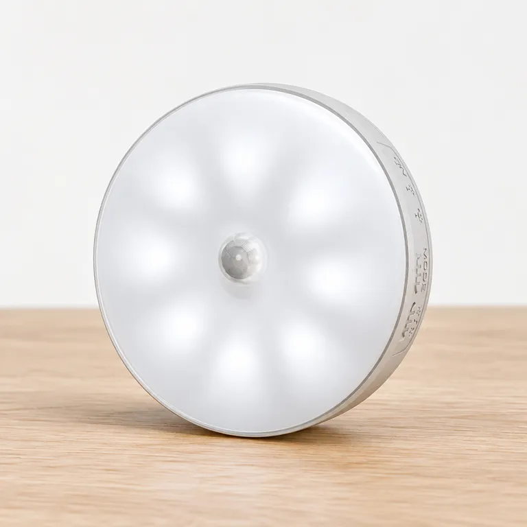 A single round white motion-sensor puck light with a centre sensor dome, standing on a light oak board against a pale grey background.