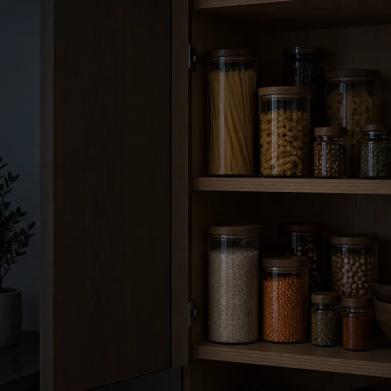 A dark open pantry cabinet where glass jars on oak shelves are barely visible.