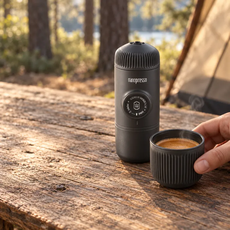 A hand reaches for a charcoal cup of espresso with crema beside the upright maker on a camp table.