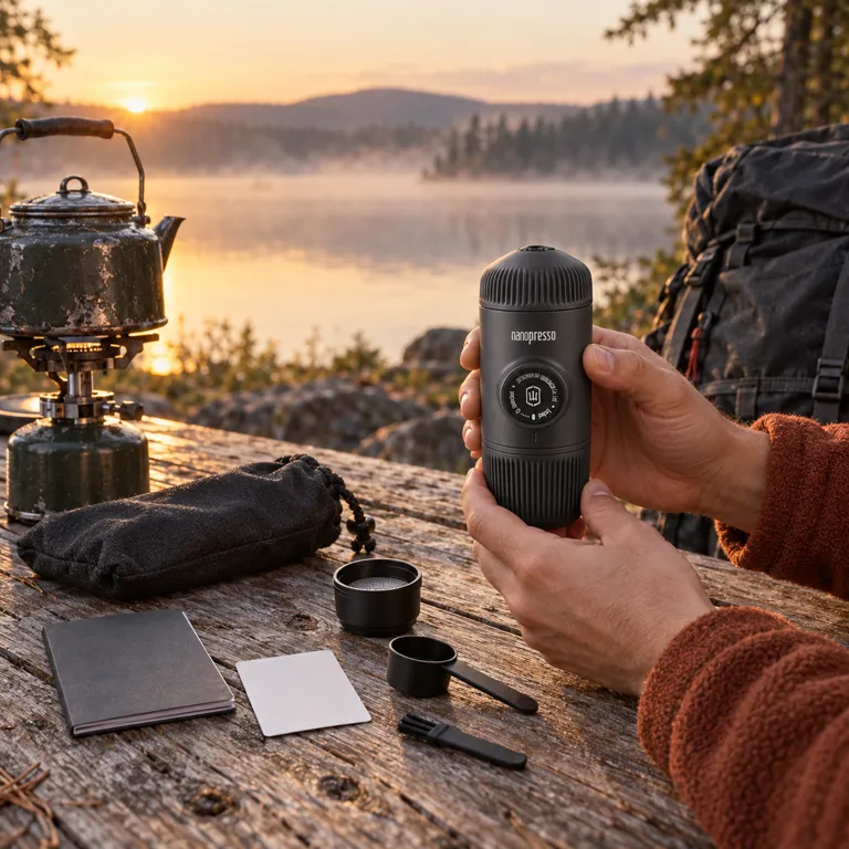 Hands hold the charcoal espresso maker at a wooden camp table by a misty lake at sunrise, with a kettle on a stove and the pouch, filter basket, scoop and brush laid out.