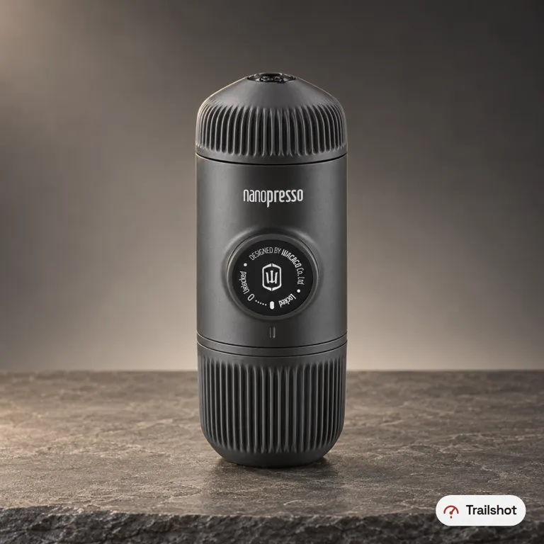 Matte charcoal-black hand-pump espresso maker standing upright on a grey slate slab, its round pumping knob facing forward.