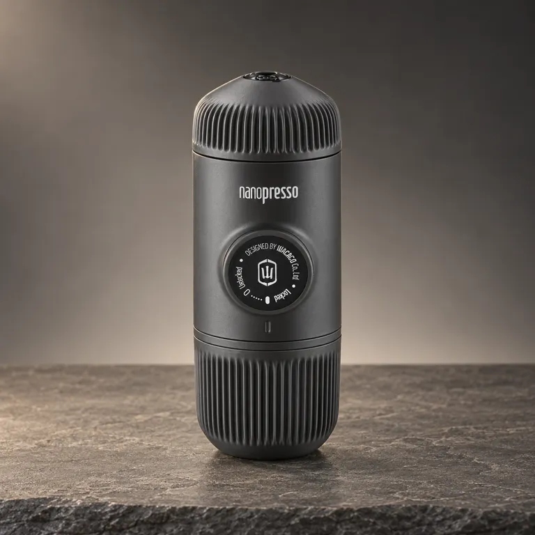 Matte charcoal-black hand-pump espresso maker standing upright on a grey slate slab, its round pumping knob facing forward.