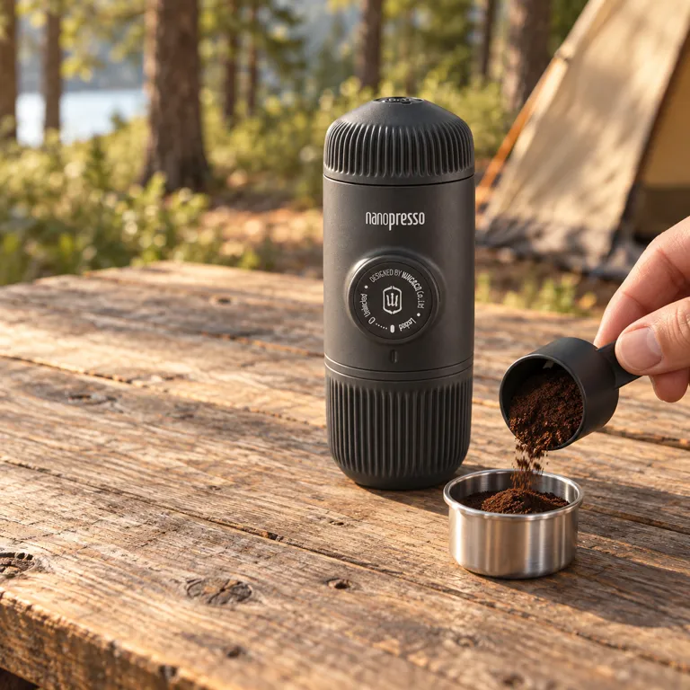 A hand pours fine ground coffee from the scoop into the small steel filter basket on a camp table, with the charcoal maker standing beside it.