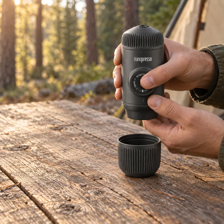Two hands hold the charcoal espresso maker above its empty cup on a camp table, thumb on the pumping knob.