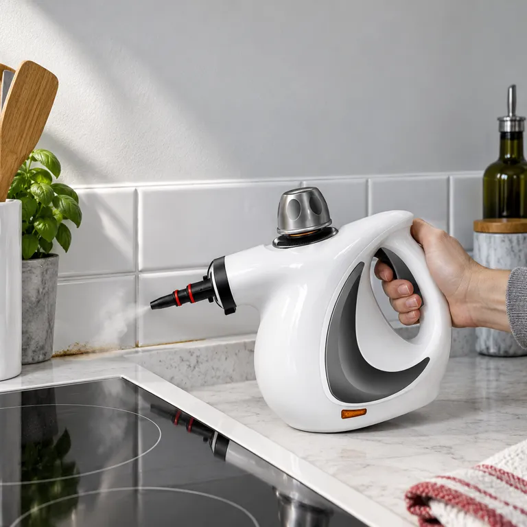 Hand aiming the white steamer's nozzle at a greasy seam where a hob meets white backsplash tiles