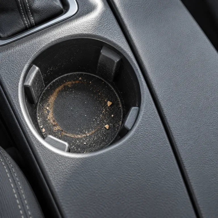 Car cup holder with a dried brown coffee ring, dust and crumbs