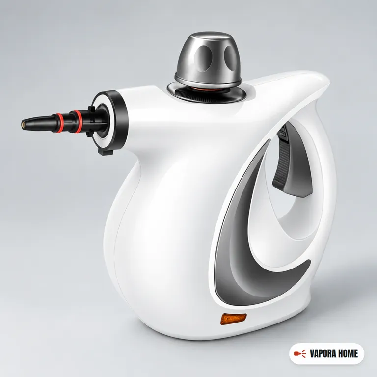 White handheld steam cleaner with grey handle panel, metallic safety cap and black nozzle with red rings on a light-grey surface