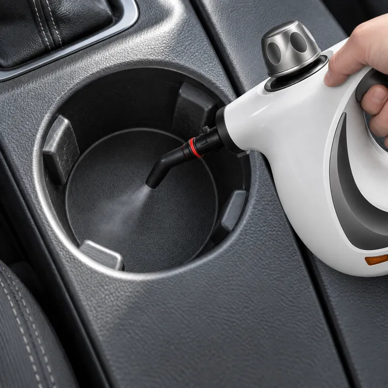 Hand aiming the steamer's angled black nozzle into the same cup holder, now clean, with a fine jet of steam
